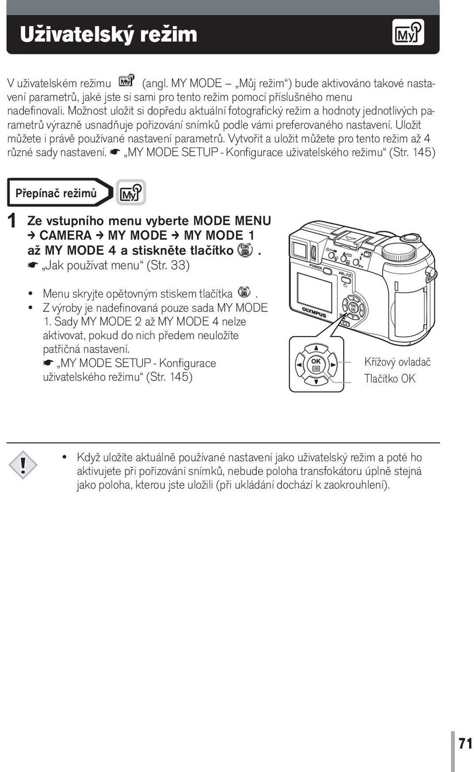 Uložit můžete i právě používané nastavení parametrů. Vytvořit a uložit můžete pro tento režim až 4 různé sady nastavení. MY MODE SETUP - Konfigurace uživatelského režimu (Str.