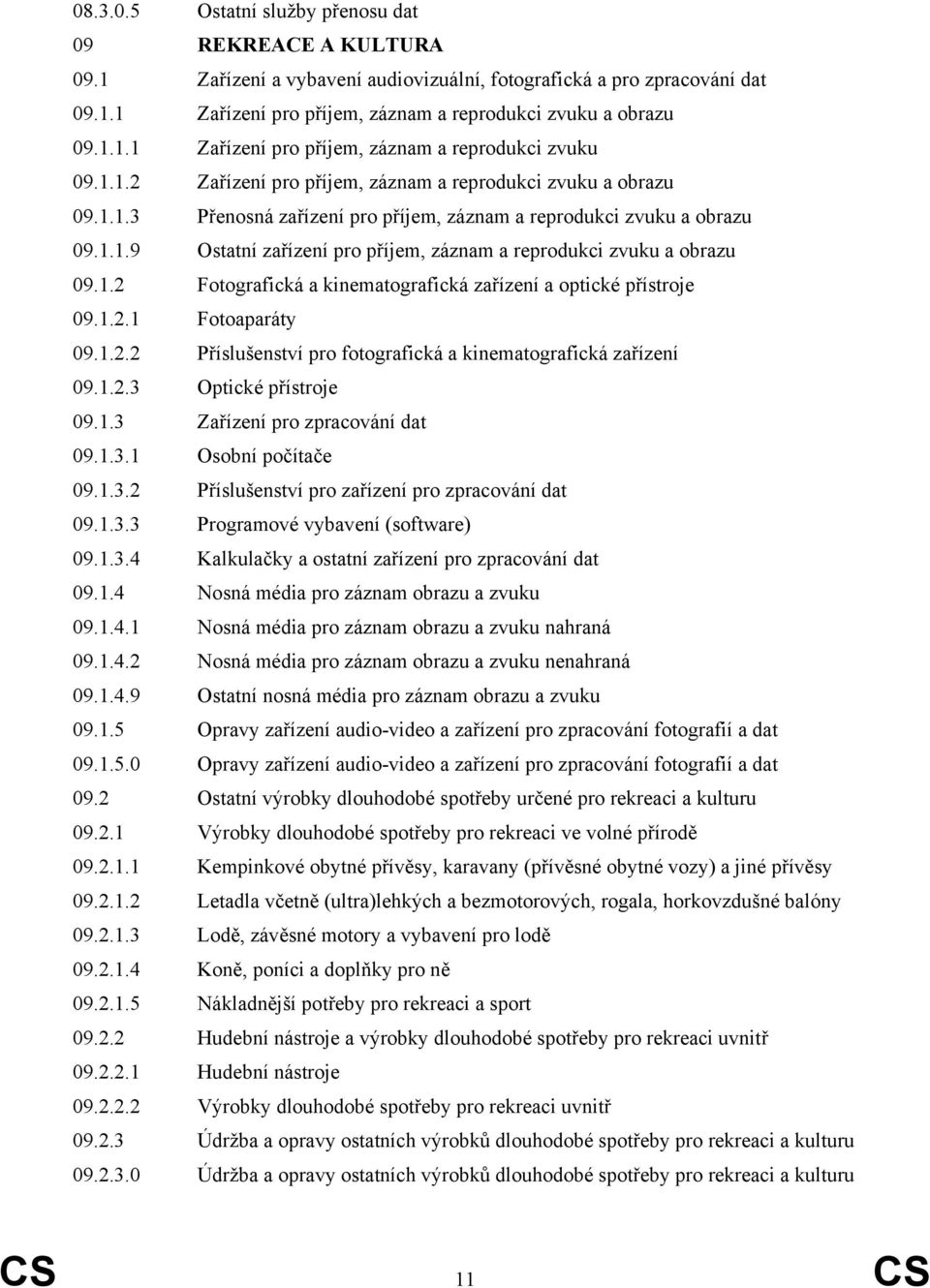 1.2 Fotografická a kinematografická zařízení a optické přístroje 09.1.2.1 Fotoaparáty 09.1.2.2 Příslušenství pro fotografická a kinematografická zařízení 09.1.2.3 Optické přístroje 09.1.3 Zařízení pro zpracování dat 09.