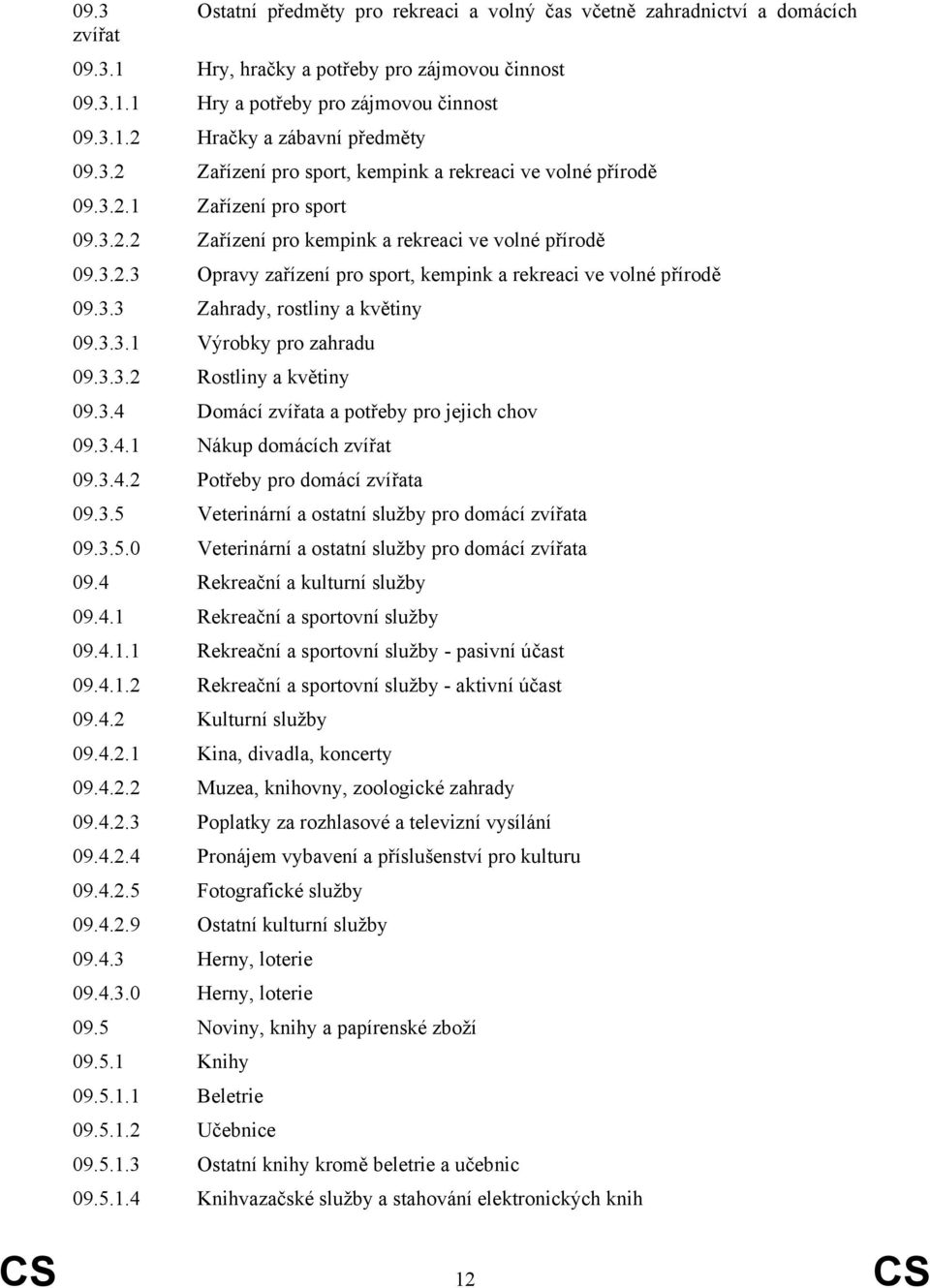 3.3 Zahrady, rostliny a květiny 09.3.3.1 Výrobky pro zahradu 09.3.3.2 Rostliny a květiny 09.3.4 Domácí zvířata a potřeby pro jejich chov 09.3.4.1 Nákup domácích zvířat 09.3.4.2 Potřeby pro domácí zvířata 09.