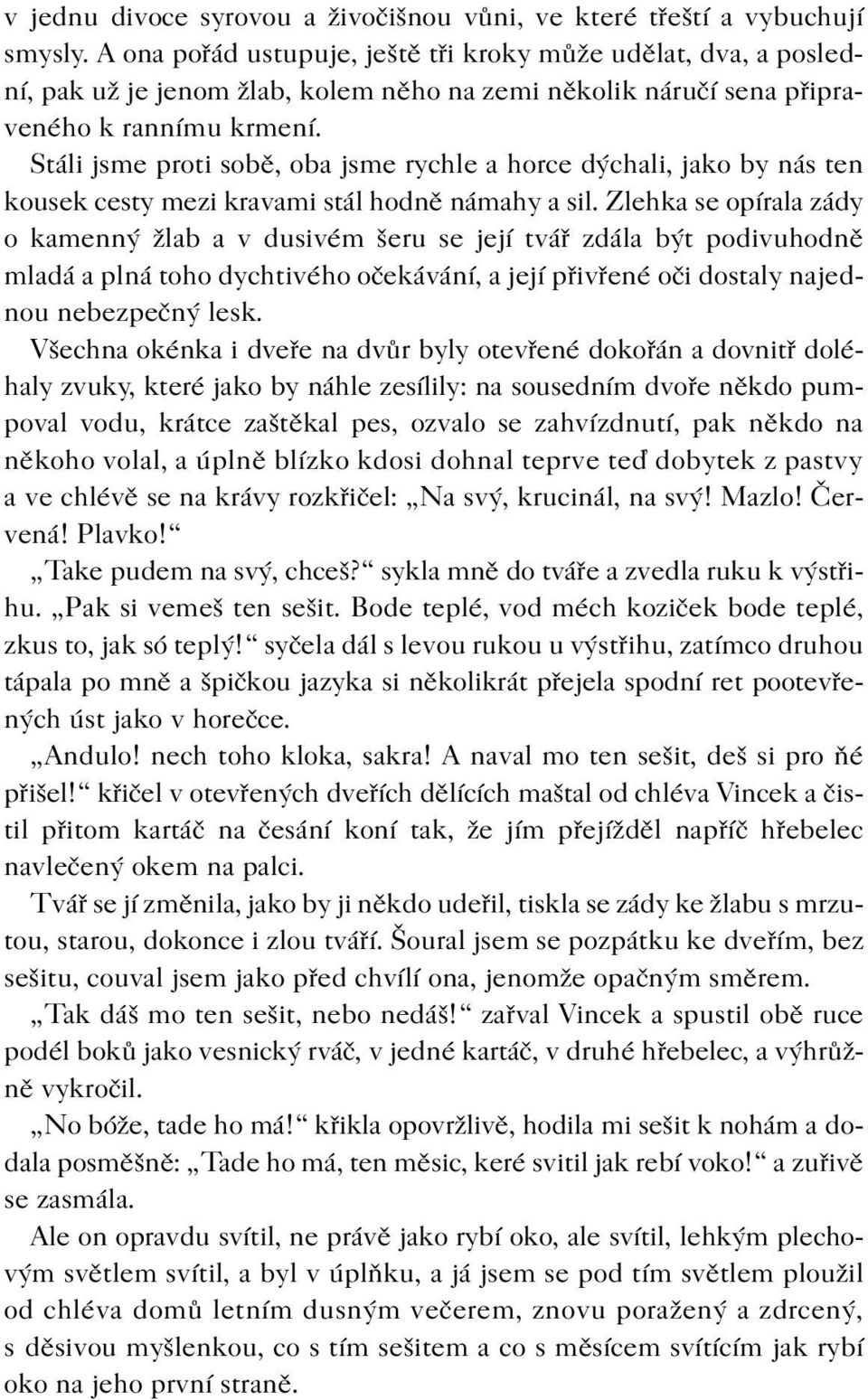 Stáli jsme proti sobì, oba jsme rychle a horce dýchali, jako by nás ten kousek cesty mezi kravami stál hodnì námahy a sil.