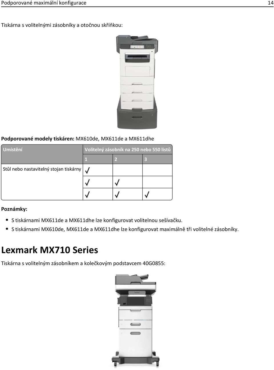 Poznámky: S tiskárnami MX611de a MX611dhe lze konfigurovat volitelnou sešívačku.