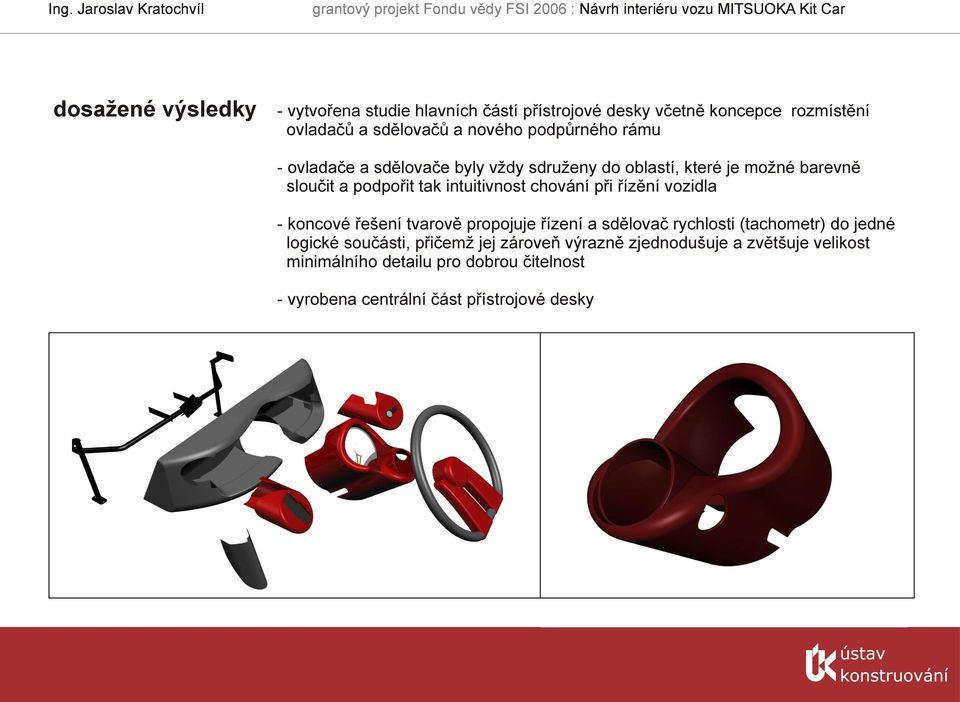 chování při řízění vozidla - koncové řešení tvarově propojuje řízení a sdělovač rychlosti (tachometr) do jedné logické součásti,