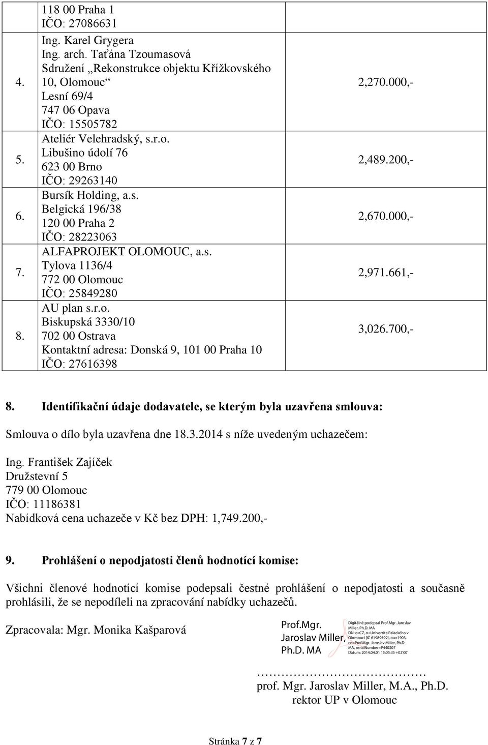 s. Belgická 196/38 120 00 Praha 2 IČO: 28223063 ALFAPROJEKT OLOMOUC, a.s. Tylova 1136/4 IČO: 25849280 AU plan s.r.o. Biskupská 3330/10 702 00 Ostrava Kontaktní adresa: Donská 9, 101 00 Praha 10 IČO: 27616398 2,270.
