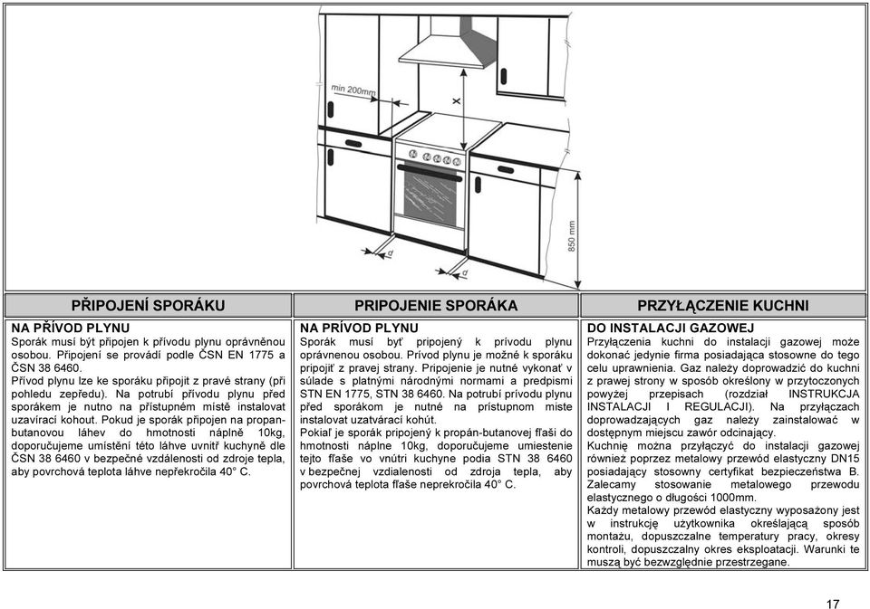 Pokud je sporák připojen na propanbutanovou láhev do hmotnosti náplně 10kg, doporučujeme umístění této láhve uvnitř kuchyně dle ČSN 38 6460 v bezpečné vzdálenosti od zdroje tepla, aby povrchová