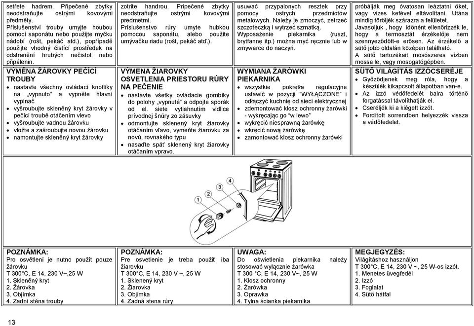 VÝMĚNA ŽÁROVKY PEČÍCÍ TROUBY nastavte všechny ovládací knoflíky na vypnuto a vypněte hlavní vypínač vyšroubujte skleněný kryt žárovky v pečící troubě otáčením vlevo vyšroubujte vadnou žárovku vložte