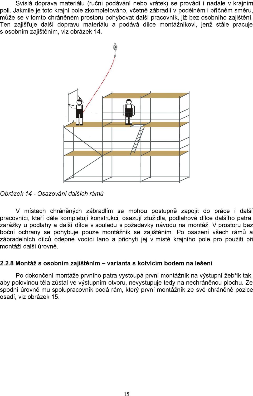 Ten zajišťuje další dopravu materiálu a podává dílce montážníkovi, jenž stále pracuje s osobním zajištěním, viz obrázek 14.