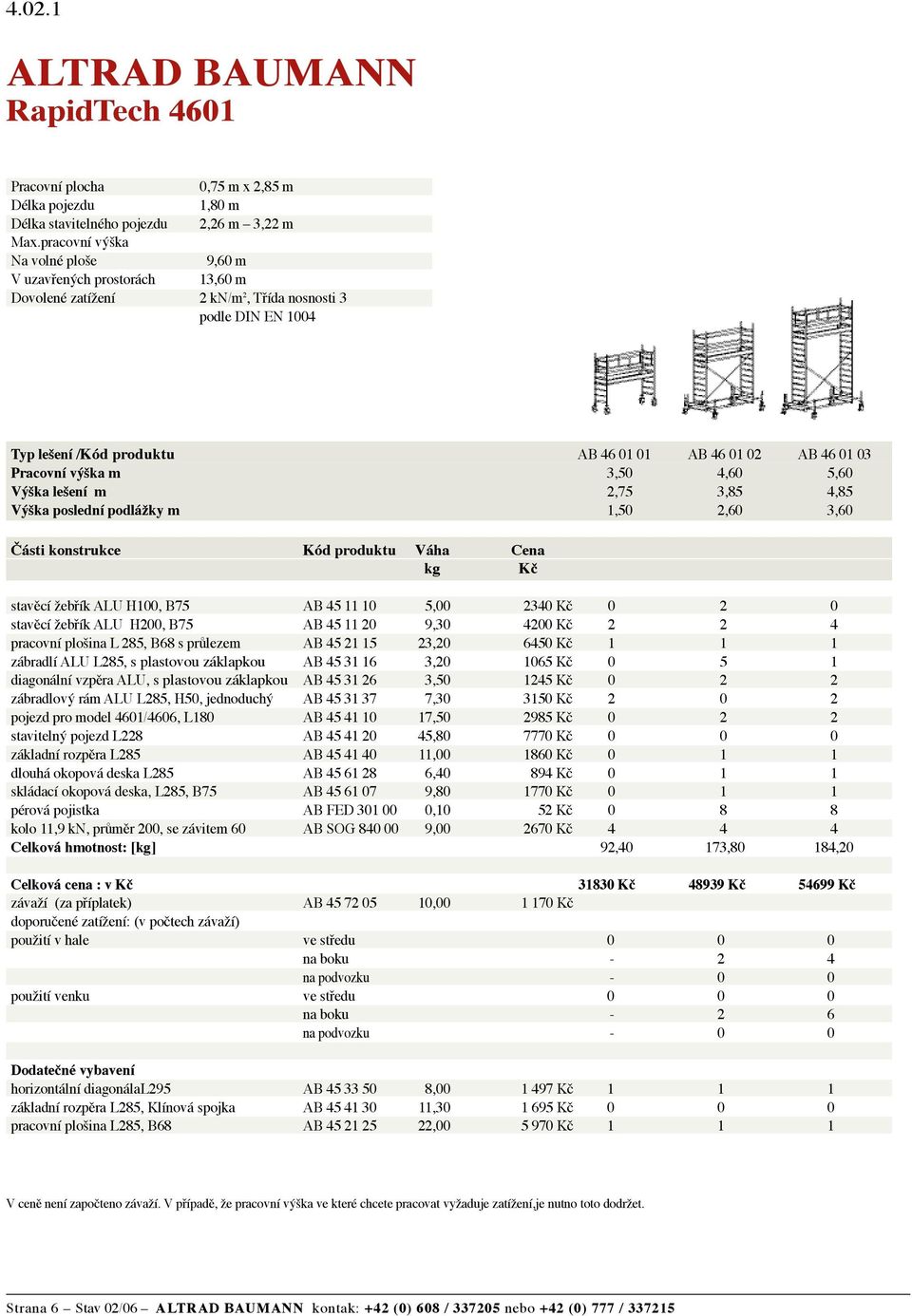 Pracovní výška m 3,50 4,60 5,60 Výška lešení m 2,75 3,85 4,85 Výška poslední podlážky m 1,50 2,60 3,60 Části konstrukce Kód produktu Váha Cena kg Kč stavěcí žebřík ALU H100, B75 AB 45 11 10 5,00 2340