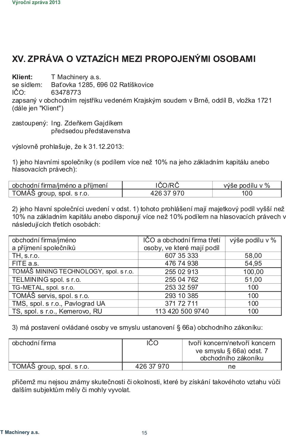 2013: 1) jeho hlavními společníky (s podílem více než 10% na jeho základním kapitálu anebo hlasovacích právech): obchodní firma/jméno a příjmení IČO/RČ výše podílu v % TOMÁŠ group, spol. s r.o. 426 37 970 100 2) jeho hlavní společníci uvedení v odst.