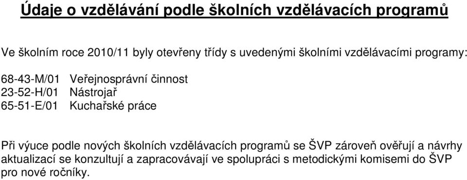 65-51-E/01 Kuchařské práce Při výuce podle nových školních vzdělávacích programů se ŠVP zároveň ověřují