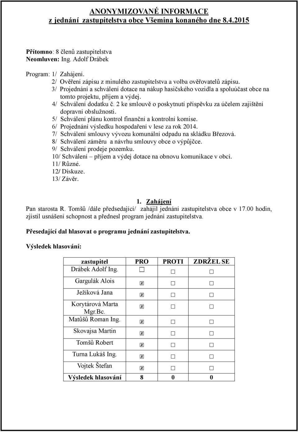 2 ke smlouvě o poskytnutí příspěvku za účelem zajištění dopravní obslužnosti. 5/ Schválení plánu kontrol finanční a kontrolní komise. 6/ Projednání výsledku hospodaření v lese za rok 2014.