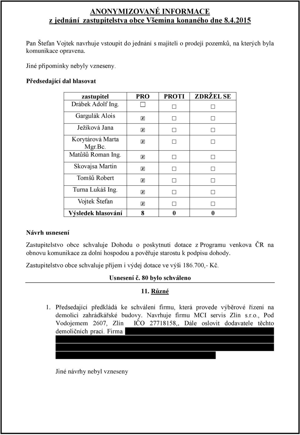 Vojtek Štefan Návrh usnesení Zastupitelstvo obce schvaluje Dohodu o poskytnutí dotace z Programu venkova ČR na obnovu komunikace za dolní hospodou a pověřuje starostu k podpisu dohody.