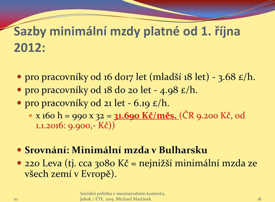 690 Kč/měs. (ČR 9.200 Kč, od 1.1.2016: 9.900,- Kč)) Srovnání: Minimální mzda v Bulharsku 220 Leva (tj.