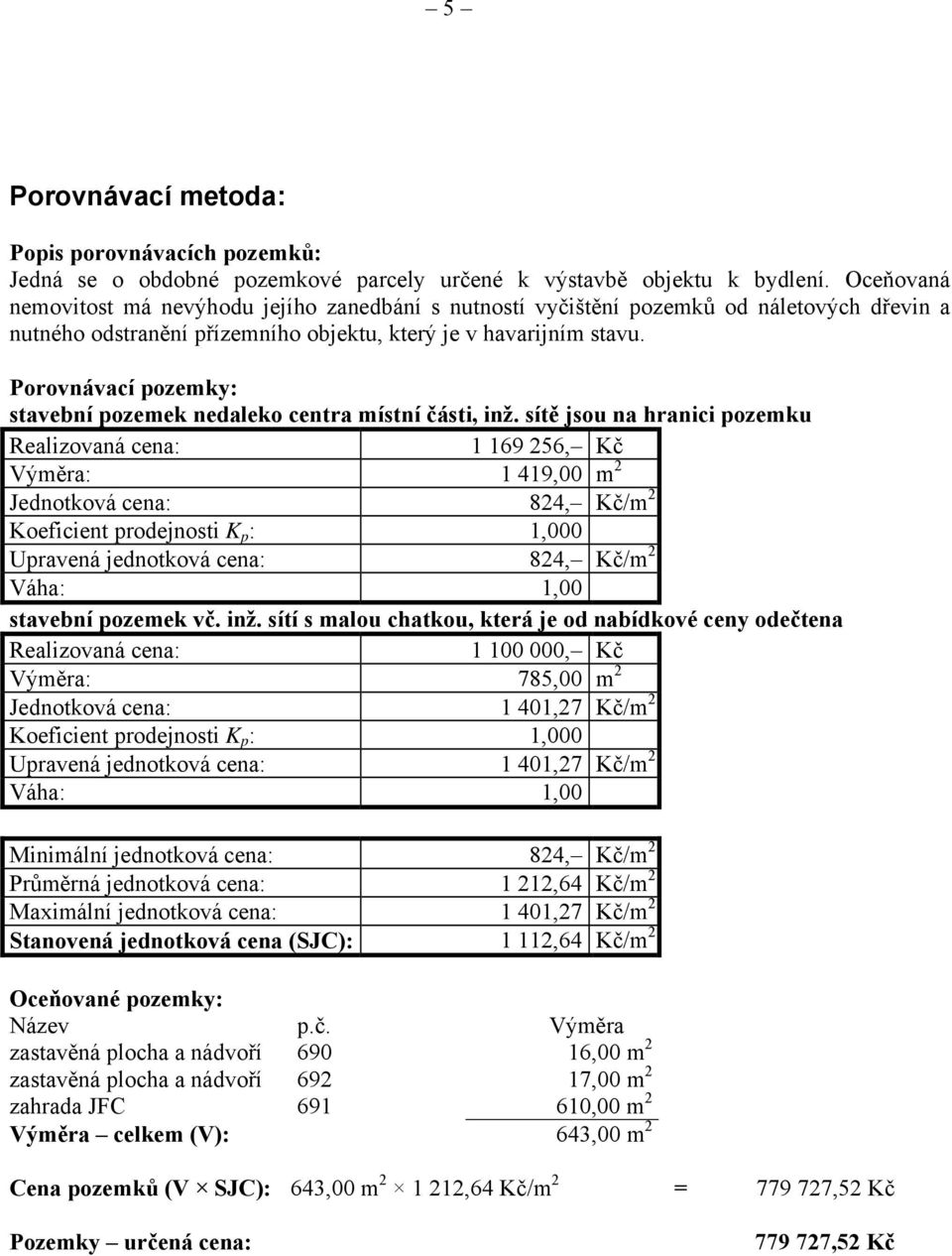 Porovnávací pozemky: stavební pozemek nedaleko centra místní části, inž.