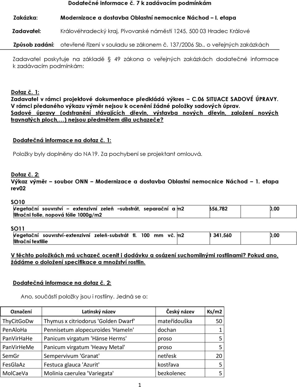 , o veřejných zakázkách Zadavatel poskytuje na základě 49 zákona o veřejných zakázkách dodatečné informace k zadávacím podmínkám: Dotaz č.