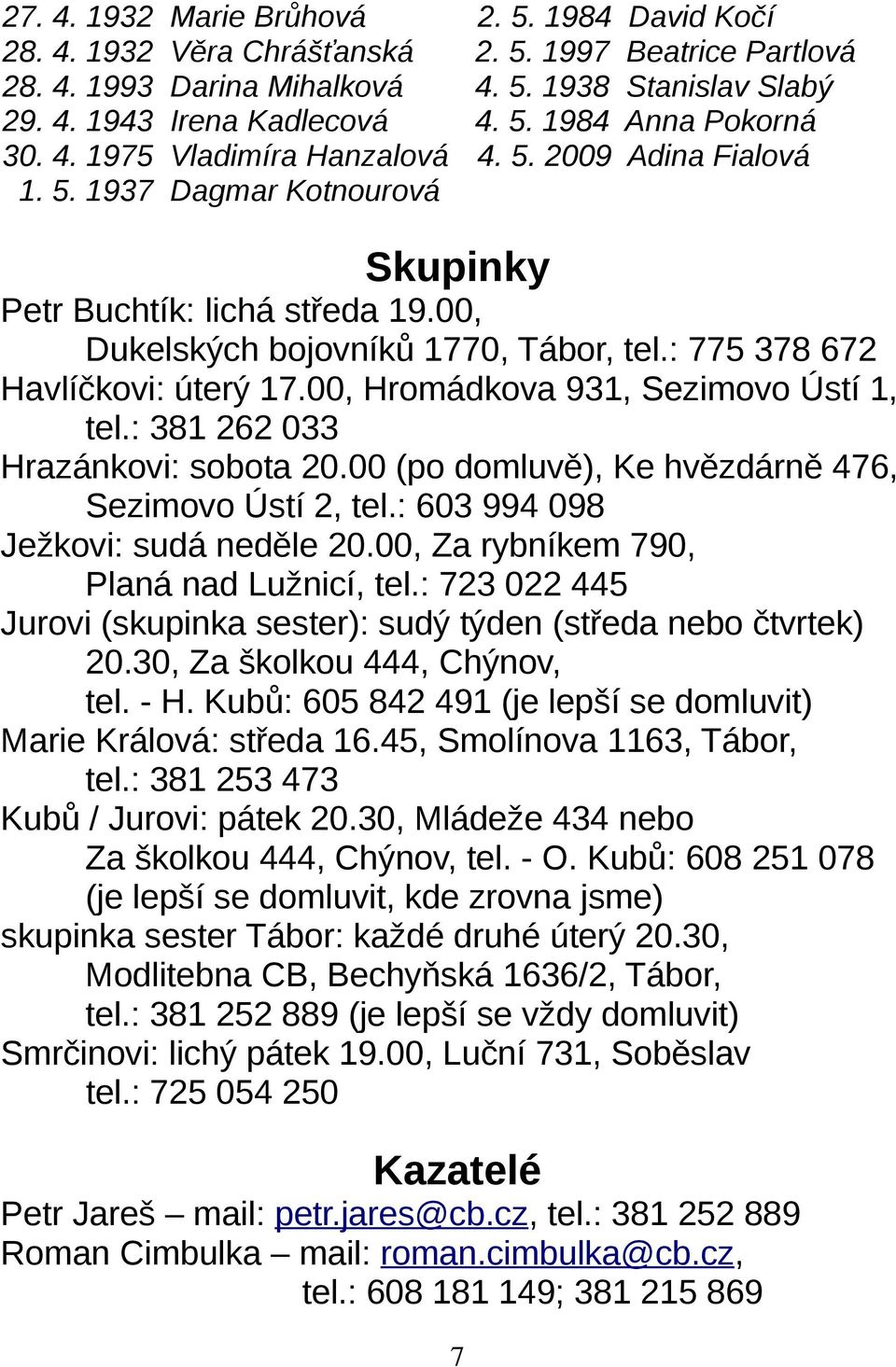 00, Hromádkova 931, Sezimovo Ústí 1, tel.: 381 262 033 Hrazánkovi: sobota 20.00 (po domluvě), Ke hvězdárně 476, Sezimovo Ústí 2, tel.: 603 994 098 Ježkovi: sudá neděle 20.