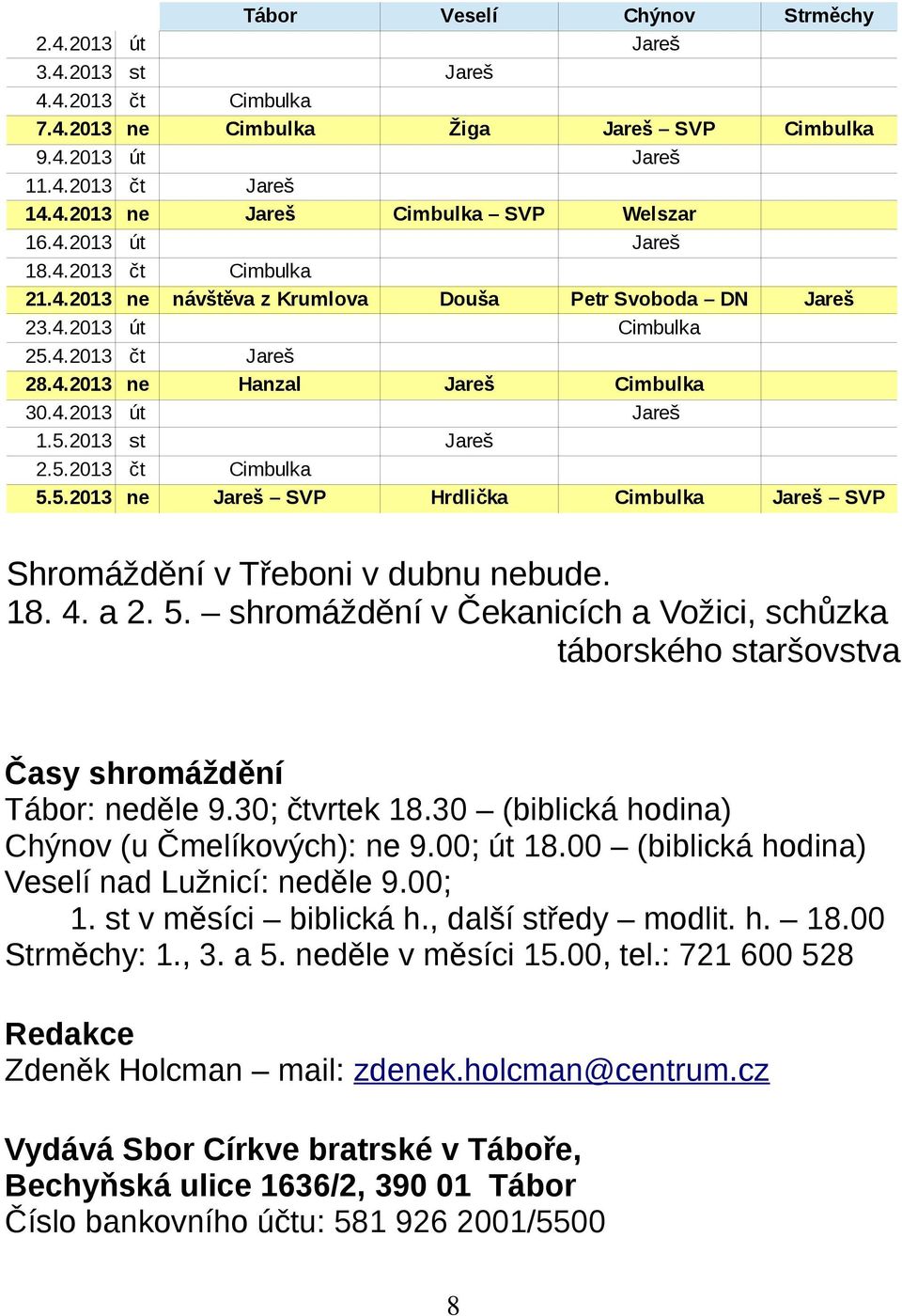 5.2013 čt Cimbulka 5.5.2013 ne Jareš SVP Hrdlička Cimbulka Jareš SVP Shromáždění v Třeboni v dubnu nebude. 18. 4. a 2. 5. shromáždění v Čekanicích a Vožici, schůzka táborského staršovstva Časy shromáždění Tábor: neděle 9.