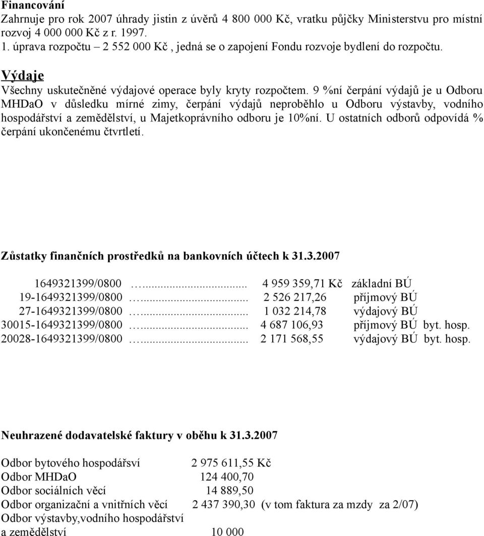 9 %ní čerpání výdajů je u Odboru MHDaO v důsledku mírné zimy, čerpání výdajů neproběhlo u Odboru výstavby, vodního hospodářství a zemědělství, u Majetkoprávního odboru je 10%ní.