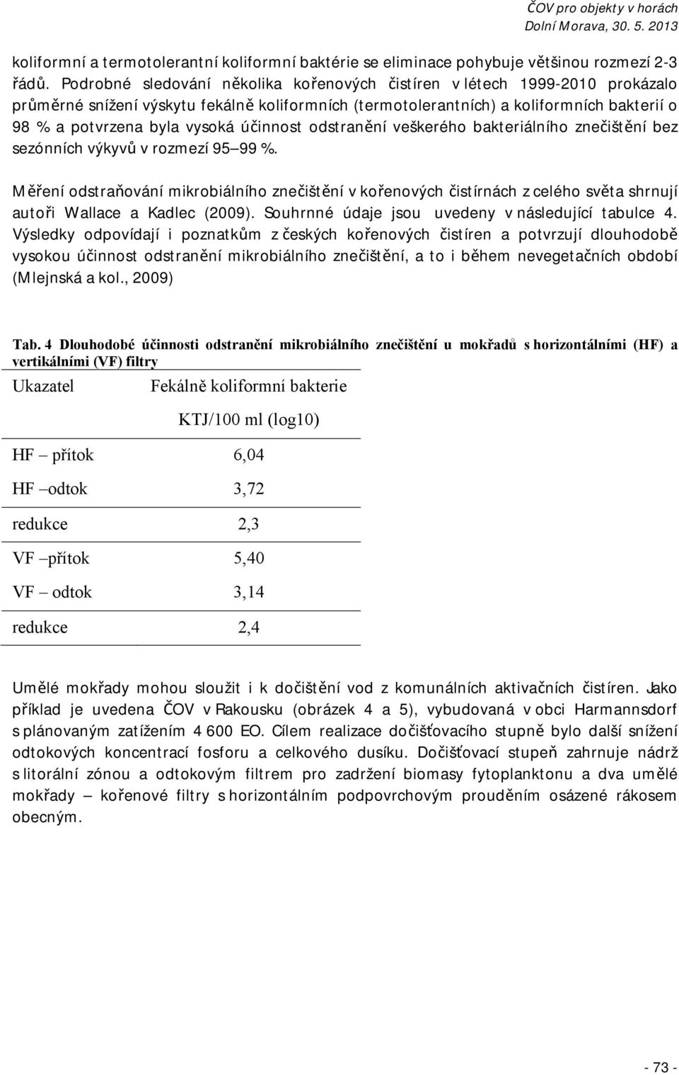 účinnost odstranění veškerého bakteriálního znečištění bez sezónních výkyvů v rozmezí 95 99 %.