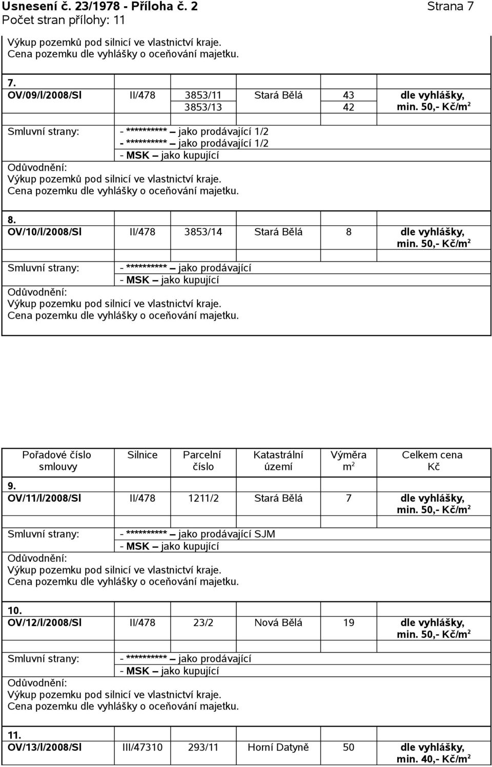 OV/09/l/2008/Sl II/478 3853/11 3853/13 Stará Bělá 43 42 1/2 Výkup pozemků pod silnicí ve vlastnictví