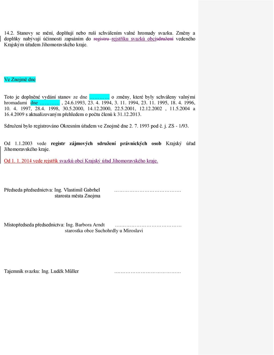 Ve Znojmě dne Toto je doplněné vydání stanov ze dne o změny, které byly schváleny valnými hromadami dne, 24.6.1993, 23. 4. 1994, 3. 11. 1994, 23. 11. 1995, 18. 4. 1996, 10. 4. 1997, 28.4. 1998, 30.5.2000, 14.