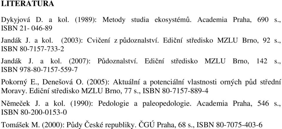 , IBN 978-80-7157-559-7 Pokorný E., Denešová O. (2005): Aktuální a potenciální vlastnosti orných půd střední Moravy. Ediční středisko MZLU Brno, 77 s.