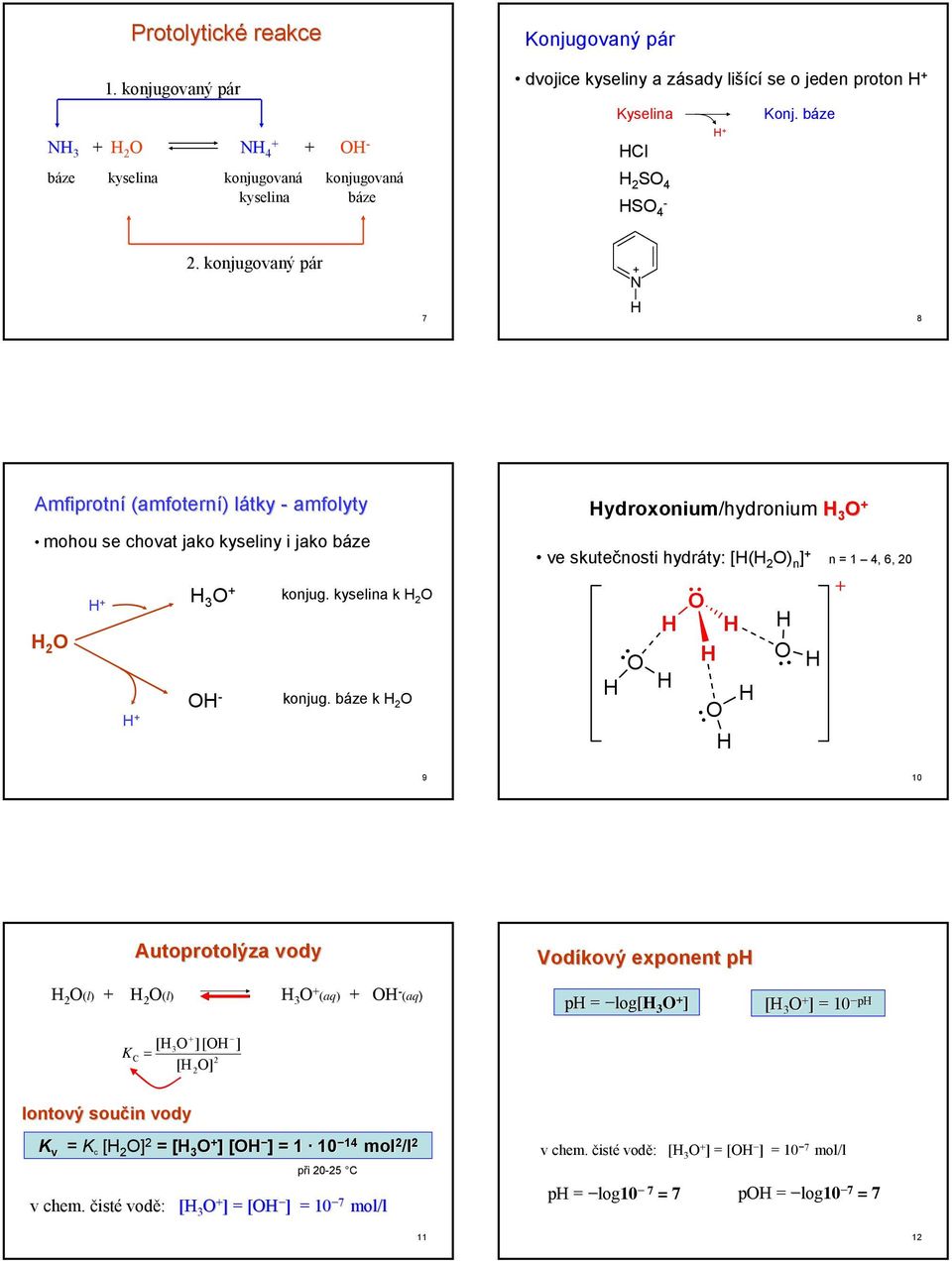 konjugovaný pár N 7 8 Amfiprotní (amfoterní) látky amfolyty ydroxonium/hydronium 3 O mohou se chovat jako kyseliny i jako báze ve skutečnosti hydráty: [( 2 O) n ] n 1 4, 6, 20 2 O 3 O O