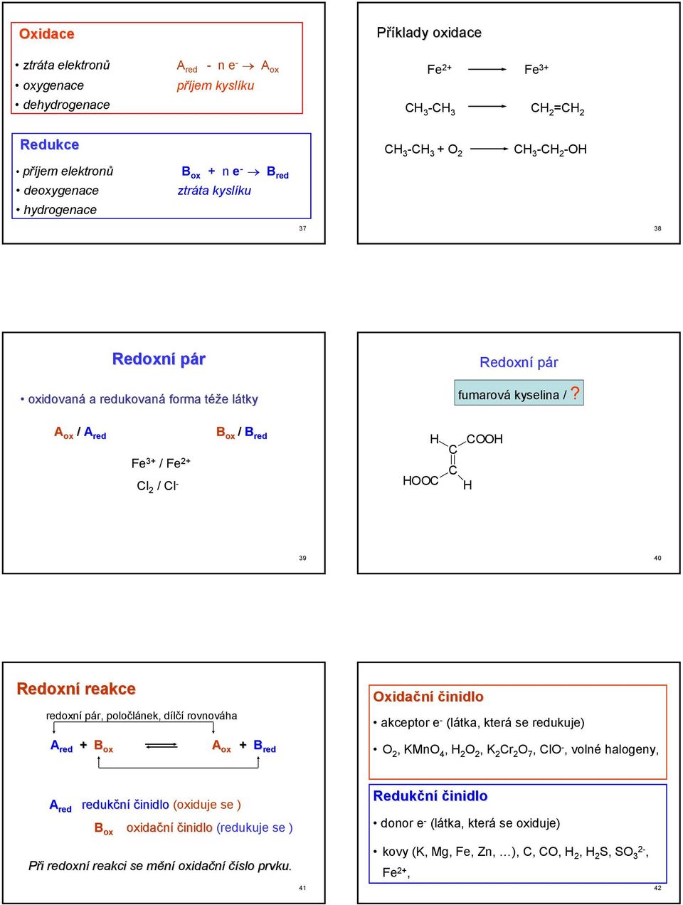 A ox / A red Fe 3 / Fe 2 Cl 2 / Cl B ox / B red OOC COO C C 39 40 Redoxní reakce redoxní pár, poločlánek, dílčí rovnováha Oxidační činidlo akceptor e (látka, která se redukuje) A red B ox A ox B red