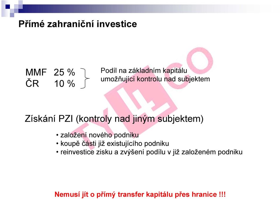 nového podniku koupě části již existujícího podniku reinvestice zisku a zvýšení