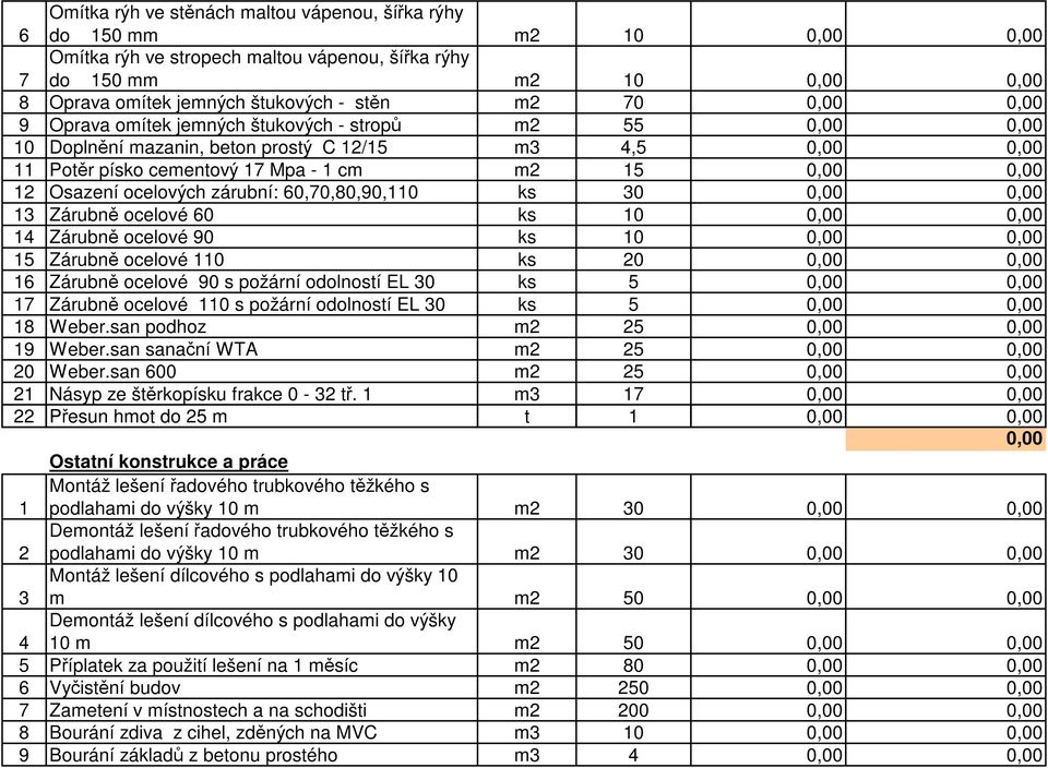 60 ks 10 14 Zárubně ocelové 90 ks 10 15 Zárubně ocelové 110 ks 20 16 Zárubně ocelové 90 s požární odolností EL 30 ks 5 17 Zárubně ocelové 110 s požární odolností EL 30 ks 5 18 Weber.