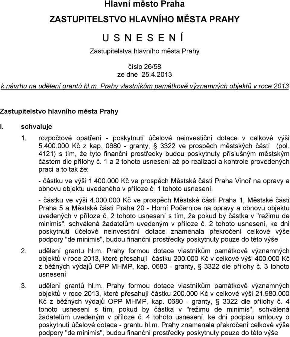 4121) s tím, že tyto finanční prostředky budou poskytnuty příslušným městským částem dle přílohy č. 1 a 2 tohoto usnesení až po realizaci a kontrole provedených prací a to tak že: - částku ve výši 1.