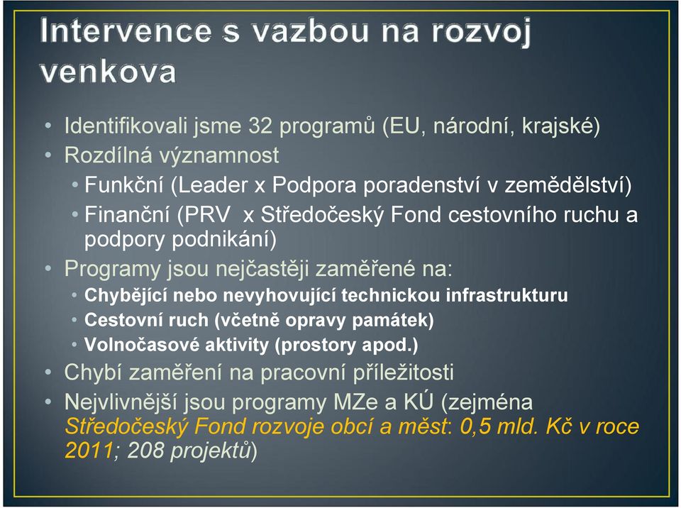 nevyhovující technickou infrastrukturu Cestovní ruch (včetně opravy památek) Volnočasové aktivity (prostory apod.