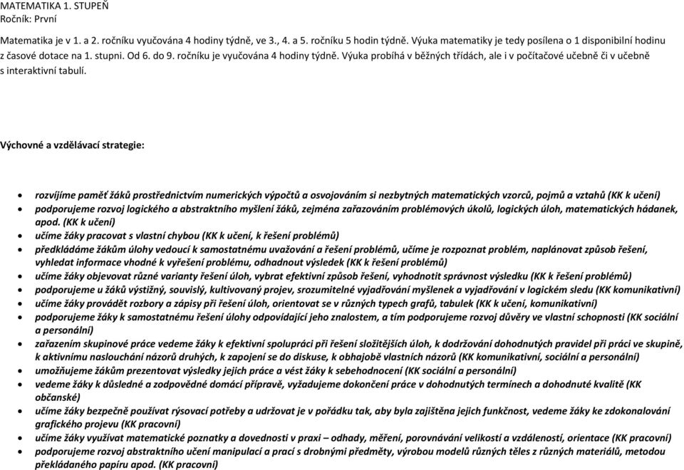 Výchovné a vzdělávací strategie: rozvíjíme paměť žáků prostřednictvím numerických výpočtů a osvojováním si nezbytných matematických vzorců, pojmů a vztahů (KK k učení) podporujeme rozvoj logického a