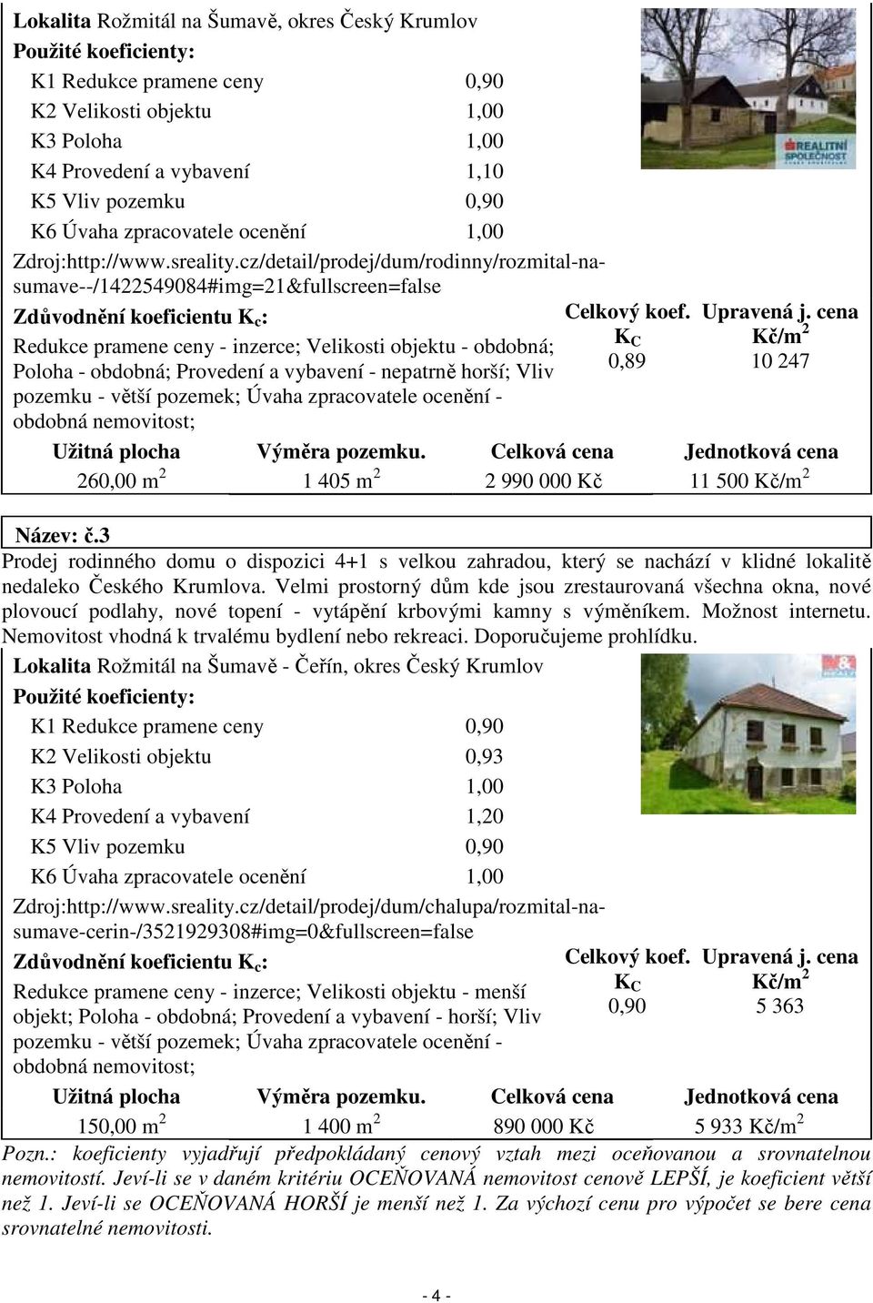 cz/detail/prodej/dum/rodinny/rozmital-nasumave--/1422549084#img=21&fullscreen=false Zdůvodnění koeficientu K c : Redukce pramene ceny - inzerce; Velikosti objektu - obdobná; Poloha - obdobná;