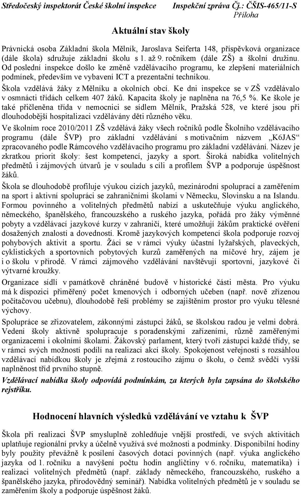 Ke dni inspekce se v ZŠ vzdělávalo v osmnácti třídách celkem 407 žáků. Kapacita školy je naplněna na 76,5 %.