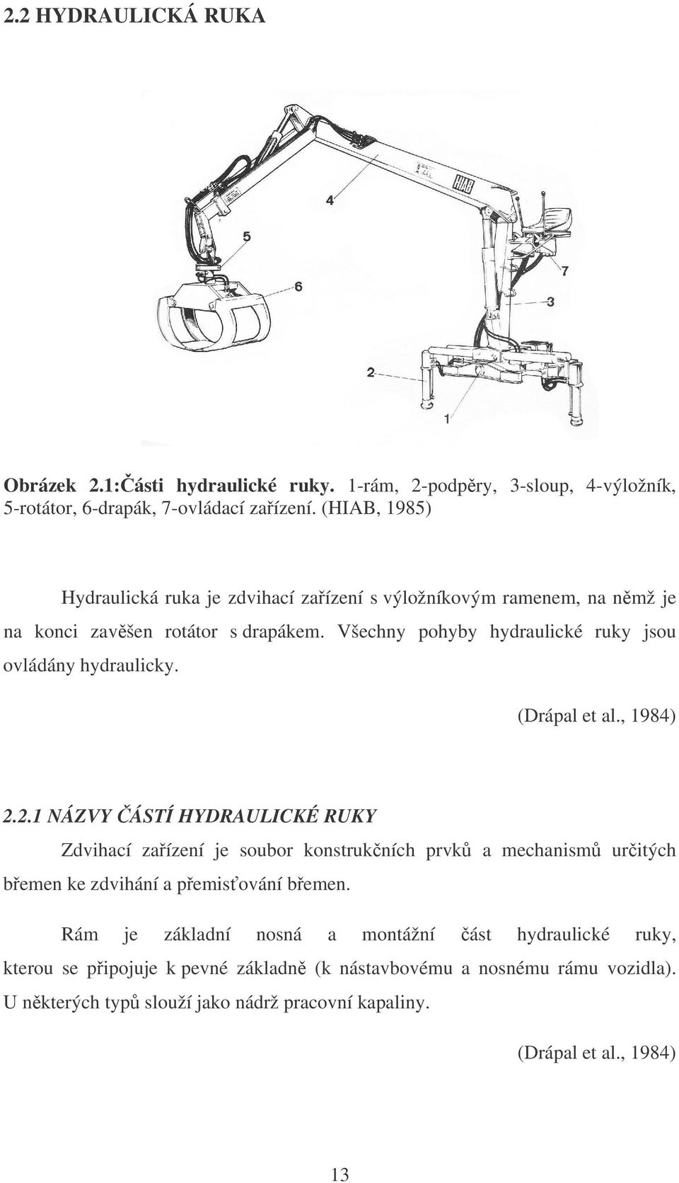 Všechny pohyby hydraulické ruky jsou ovládány hydraulicky. (Drápal et al., 1984) 2.