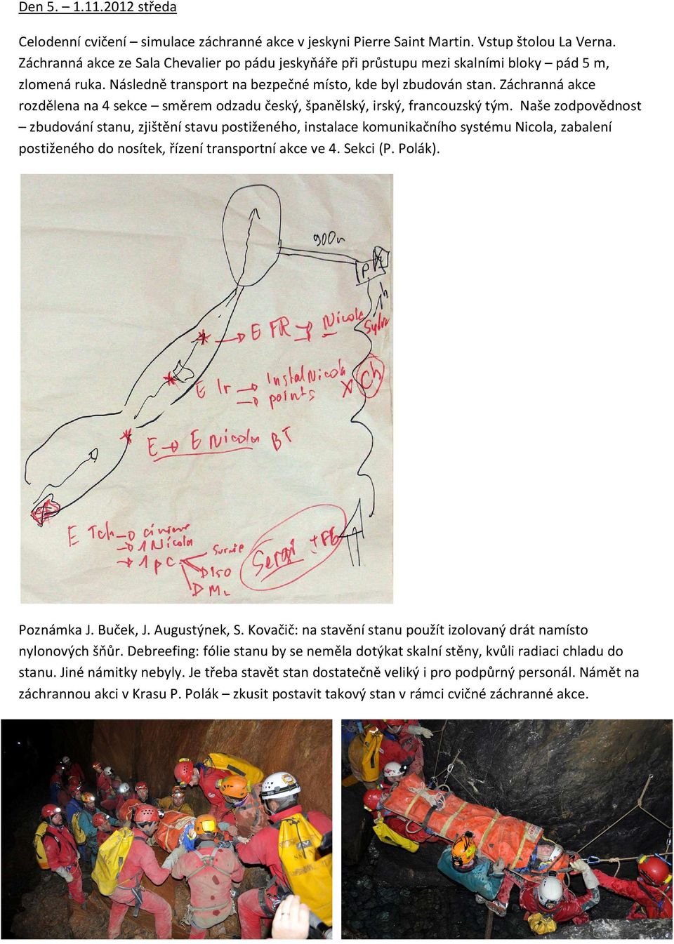 Záchranná akce rozdělena na 4 sekce směrem odzadu český, španělský, irský, francouzský tým.