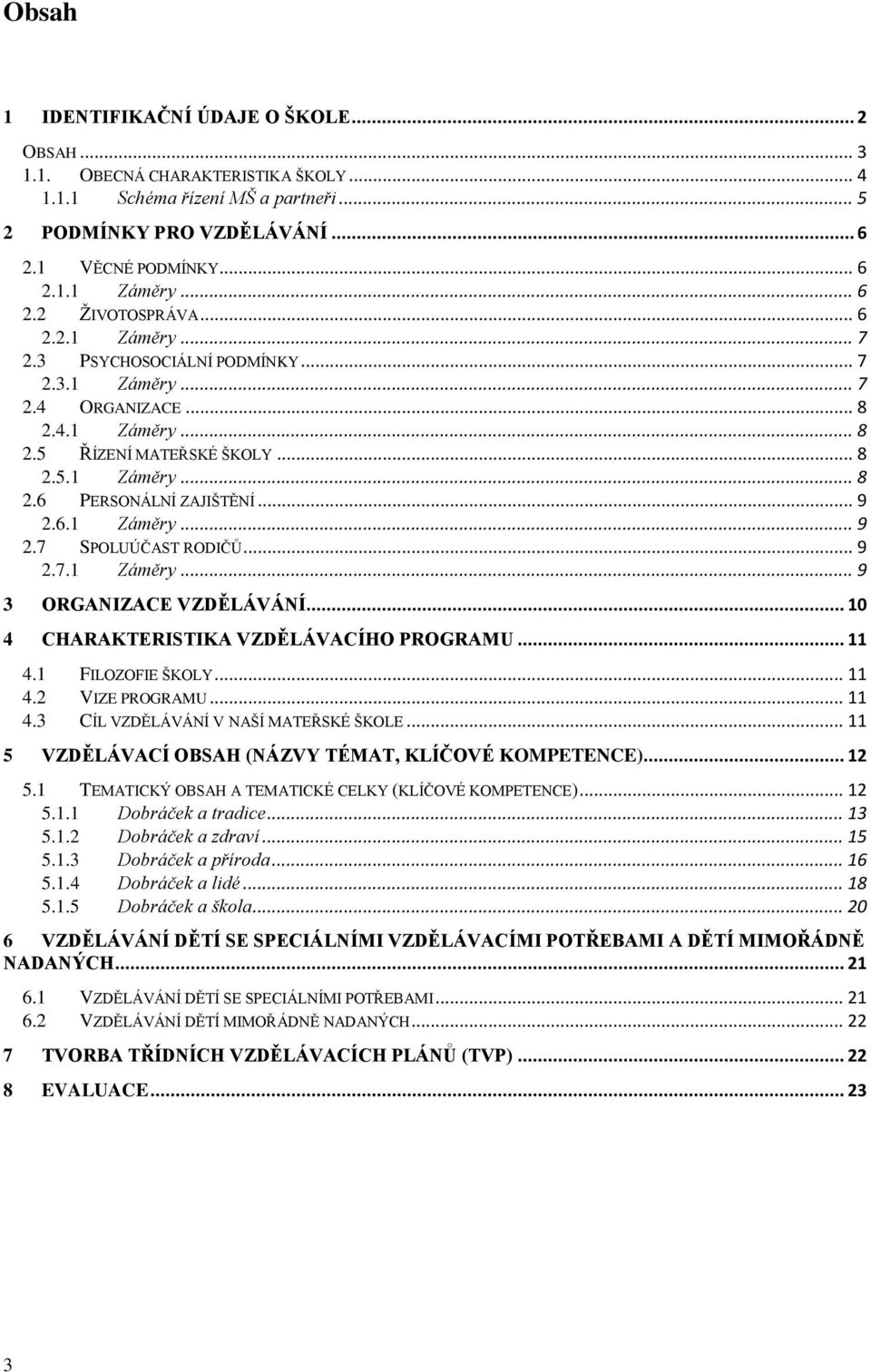 .. 9 2.6.1 Záměry... 9 2.7 SPOLUÚČAST RODIČŮ... 9 2.7.1 Záměry... 9 3 ORGANIZACE VZDĚLÁVÁNÍ... 10 4 CHARAKTERISTIKA VZDĚLÁVACÍHO PROGRAMU... 11 4.1 FILOZOFIE ŠKOLY... 11 4.2 VIZE PROGRAMU... 11 4.3 CÍL VZDĚLÁVÁNÍ V NAŠÍ MATEŘSKÉ ŠKOLE.