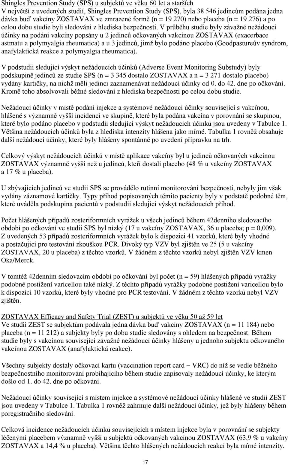 V průběhu studie byly závažné nežádoucí účinky na podání vakcíny popsány u 2 jedinců očkovaných vakcínou ZOSTAVAX (exacerbace astmatu a polymyalgia rheumatica) a u 3 jedinců, jimž bylo podáno placebo