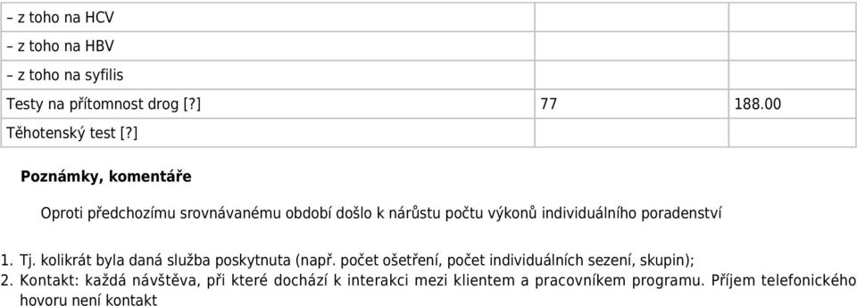 kolikrát byla daná služba poskytnuta (např. počet ošetření, počet individuálních sezení, skupin); 2.