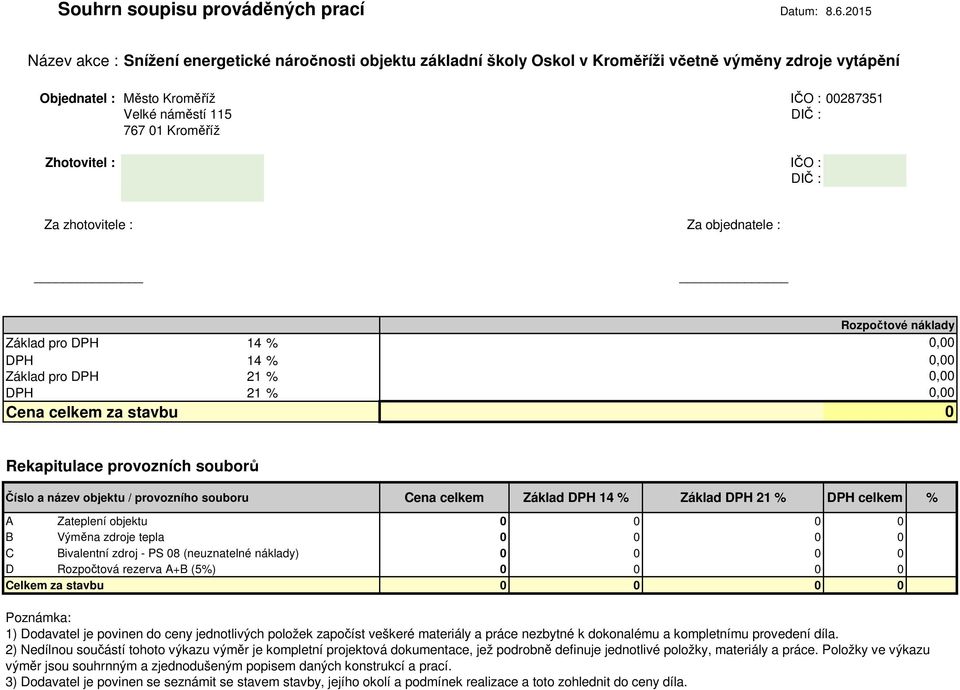 Kroměříž Zhotovitel : IČO : DIČ : Za zhotovitele : Za objednatele : Základ pro DPH 14 % DPH 14 % Základ pro DPH 21 % DPH 21 % Cena celkem za stavbu Rozpočtové náklady 0,00 0,00 0,00 0,00 0