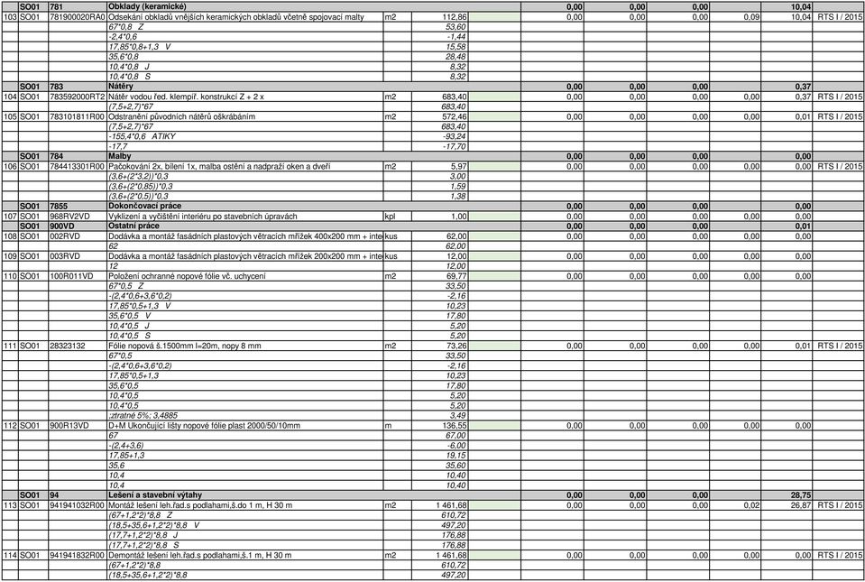 konstrukcí Z + 2 x m2 683,40 0,37 RTS I / 2015 (7,5+2,7)*67 683,40 105 SO01 783101811R00 Odstranění původních nátěrů oškrábáním m2 572,46 0,01 RTS I / 2015 (7,5+2,7)*67 683,40-155,4*0,6 ATIKY