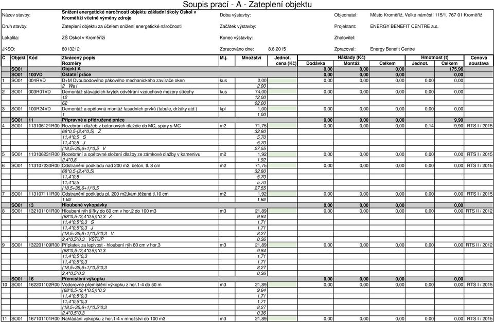 6.2015 Zpracoval: Energy Benefit Centre Č Objekt Kód Zkrácený popis M.j. Množství Jednot. Náklady (Kč) Hmotnost (t) Cenová Rozměry cena (Kč) Dodávka Montáž Celkem Jednot.