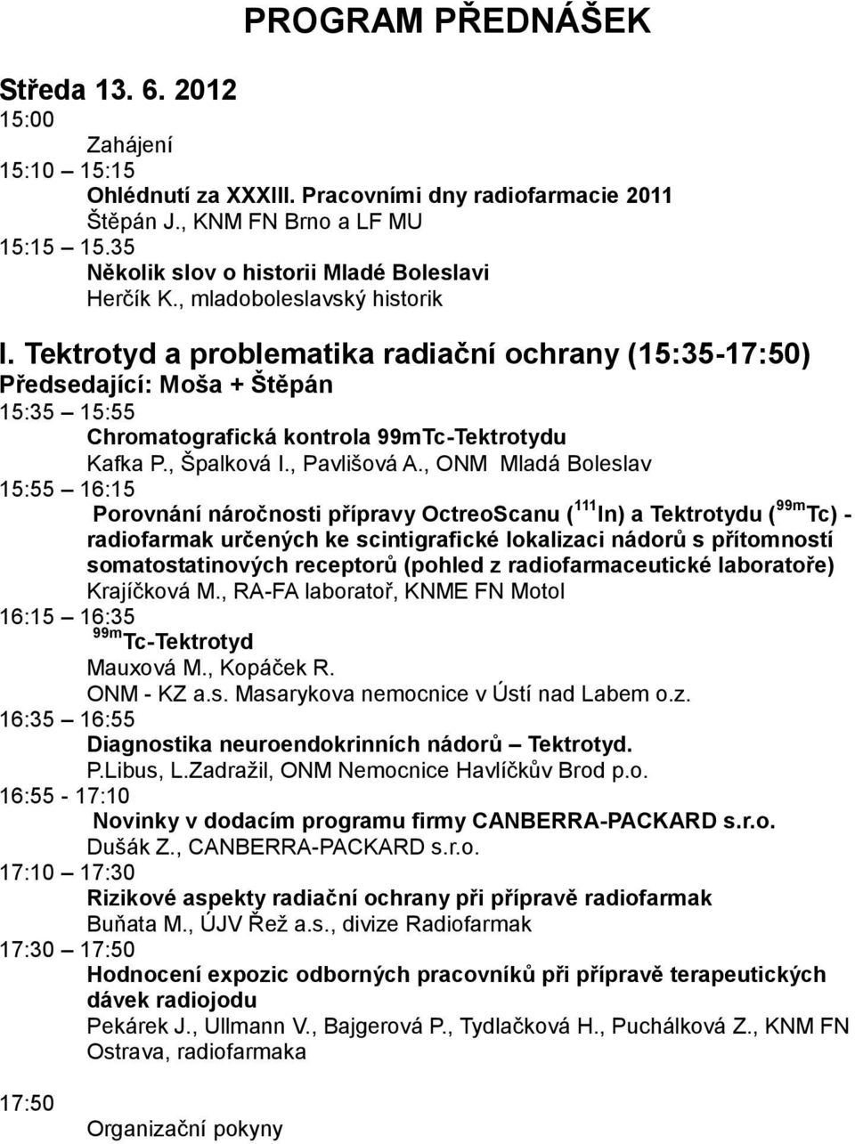 Tektrotyd a problematika radiační ochrany (15:35-17:50) Předsedající: Moša + Štěpán 15:35 15:55 Chromatografická kontrola 99mTc-Tektrotydu Kafka P., Špalková I., Pavlišová A.