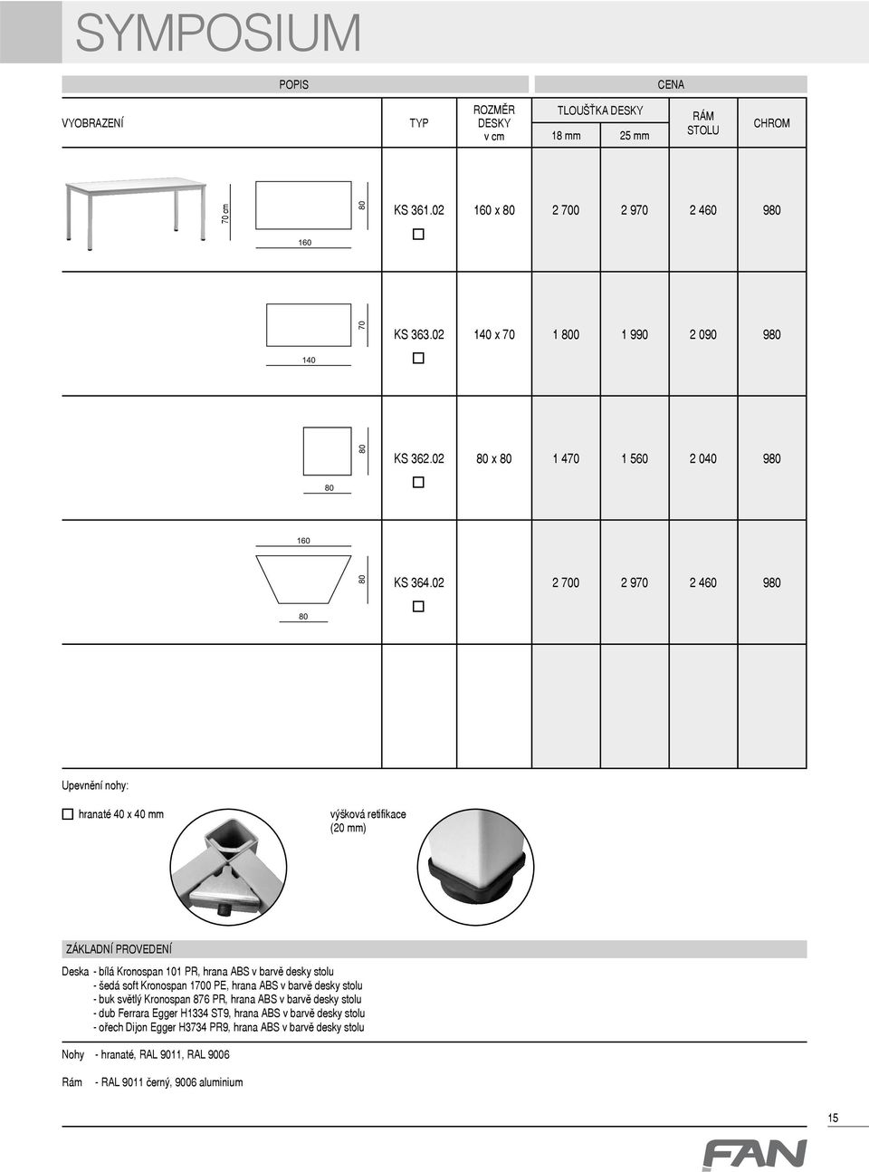 02 2 700 2 970 2 460 980 Upevnění nohy: hranaté 40 x 40 mm výšková retifikace (20 mm) Deska - bílá Kronospan 101 PR, hrana ABS v barvě desky stolu - šedá soft Kronospan 1700