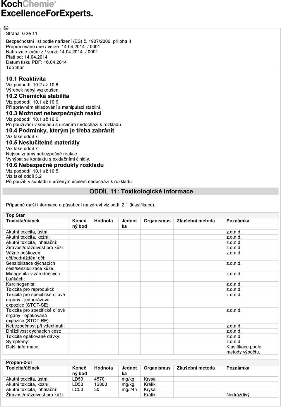 Nejsou známy nebezpečné reakce. Vyhýbat se kontaktu s oxidačními činidly. 10.6 Nebezpečné produkty rozkladu Viz pododdíl 10.1 až 10.5. Viz také oddíl 5.