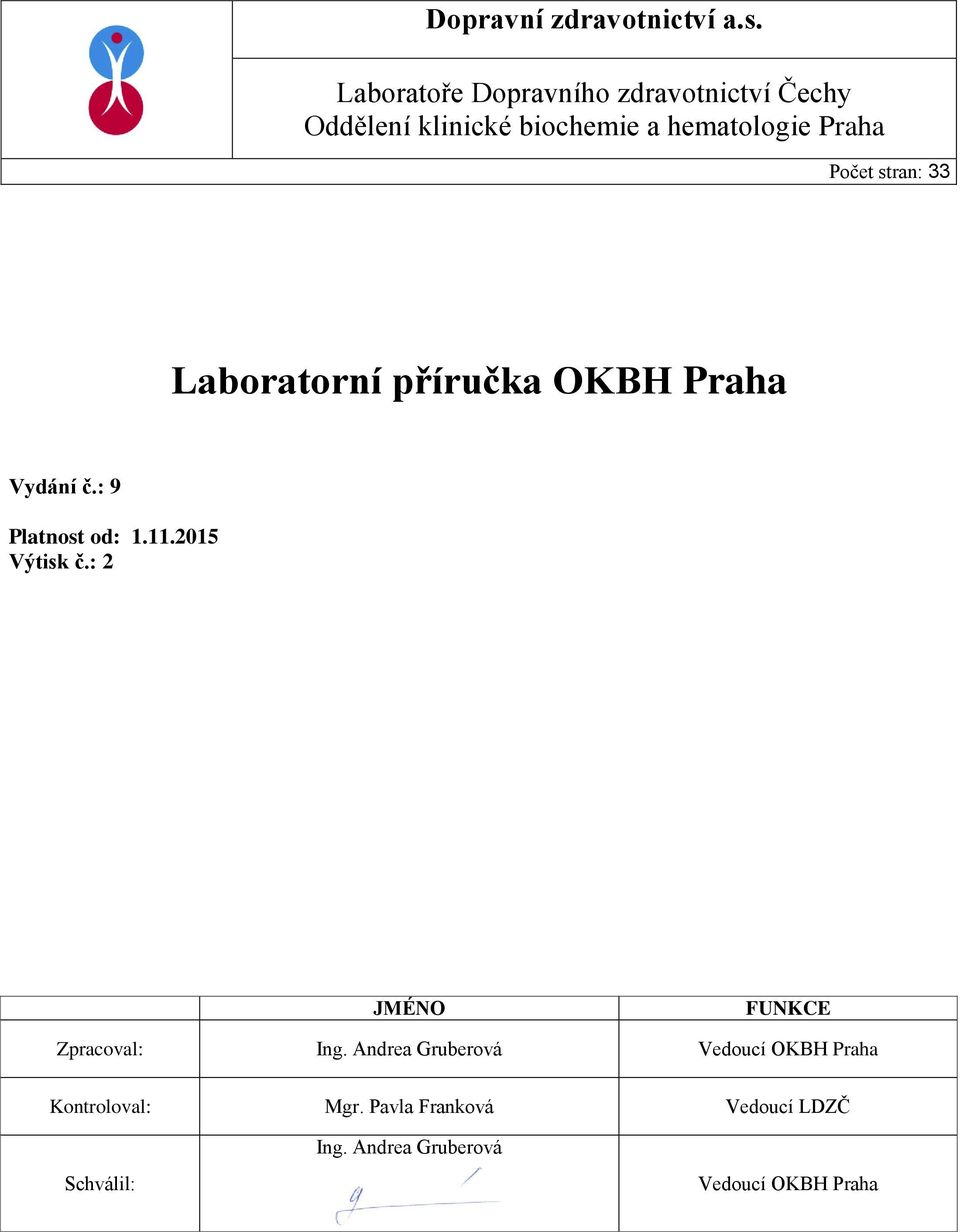 Počet stran: 33 Laboratorní příručka OKBH Praha Vydání č.: 9 Platnost od: 1.11.2015 Výtisk č.