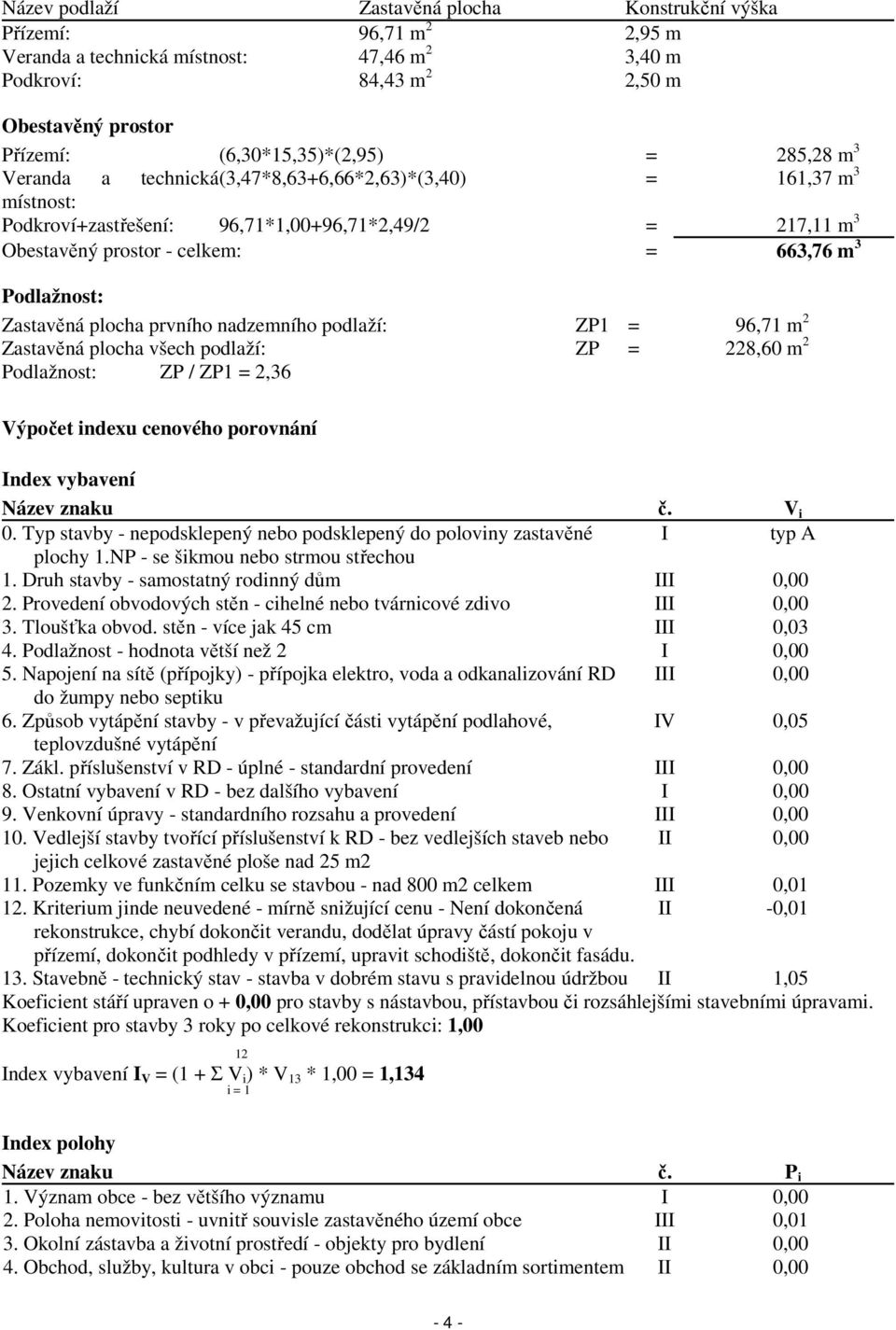 Zastavěná plocha prvního nadzemního podlaží: ZP1 = 96,71 m 2 Zastavěná plocha všech podlaží: ZP = 228,60 m 2 Podlažnost: ZP / ZP1 = 2,36 Výpočet indexu cenového porovnání Index vybavení Název znaku č.
