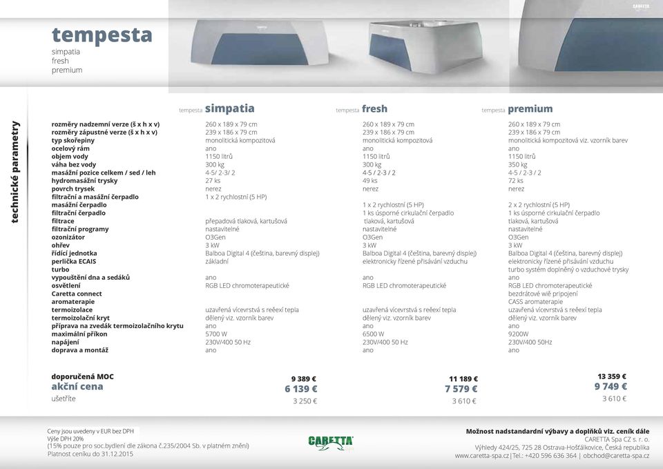 ohřev řídící jednotka perlička ECAIS turbo vypouštění dna a sedáků osvětlení Caretta connect aromaterapie termoizolace termoizolační kryt příprava na zvedák termoizolačního krytu maximální příkon