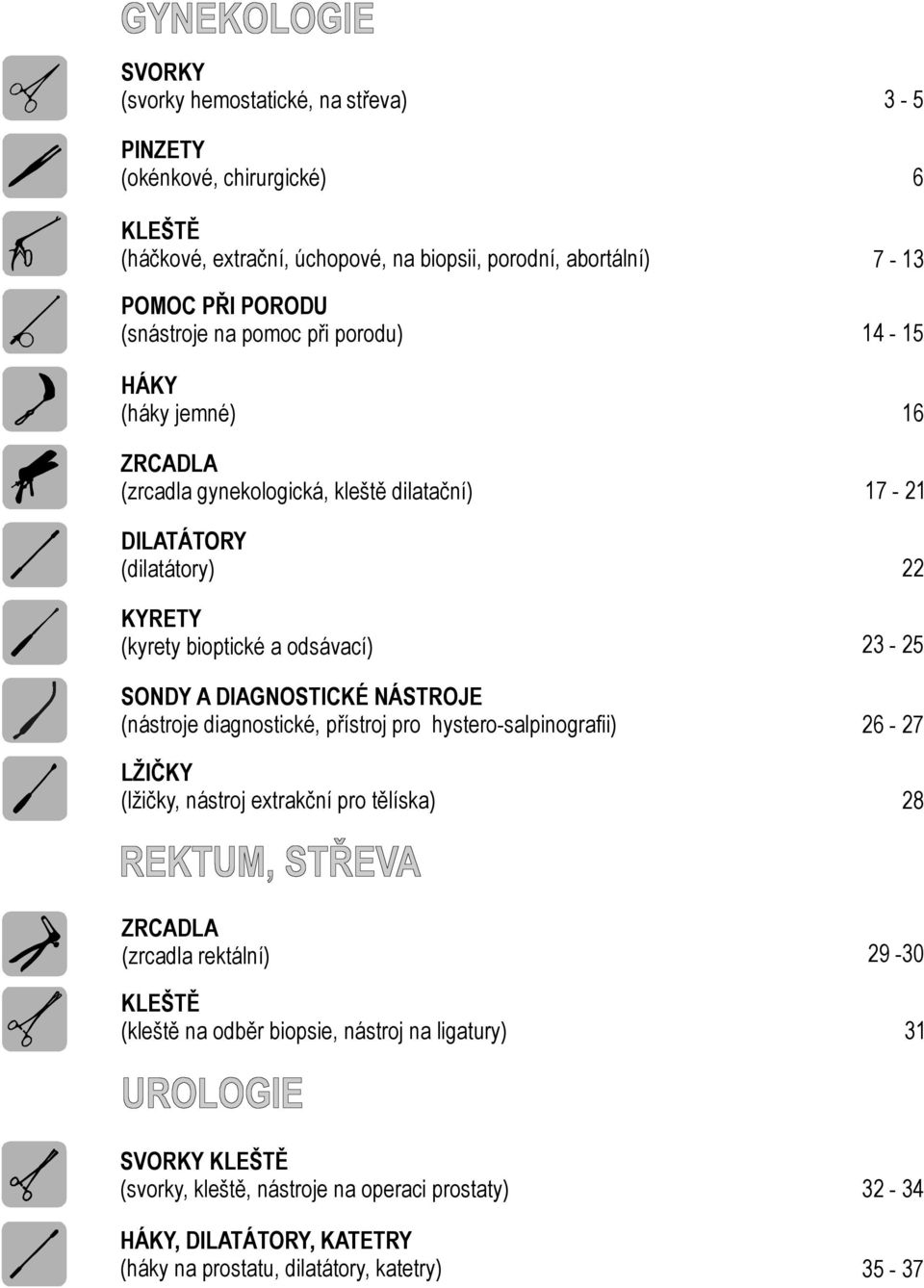 (nástroje diagnostické, přístroj pro hystero-salpinografii) LŽIČKY (lžičky, nástroj extrakční pro tělíska) 3-5 7-13 14-15 1 17-21 - 25 2-27 28 ZRCADLA (zrcadla rektální) 29-30