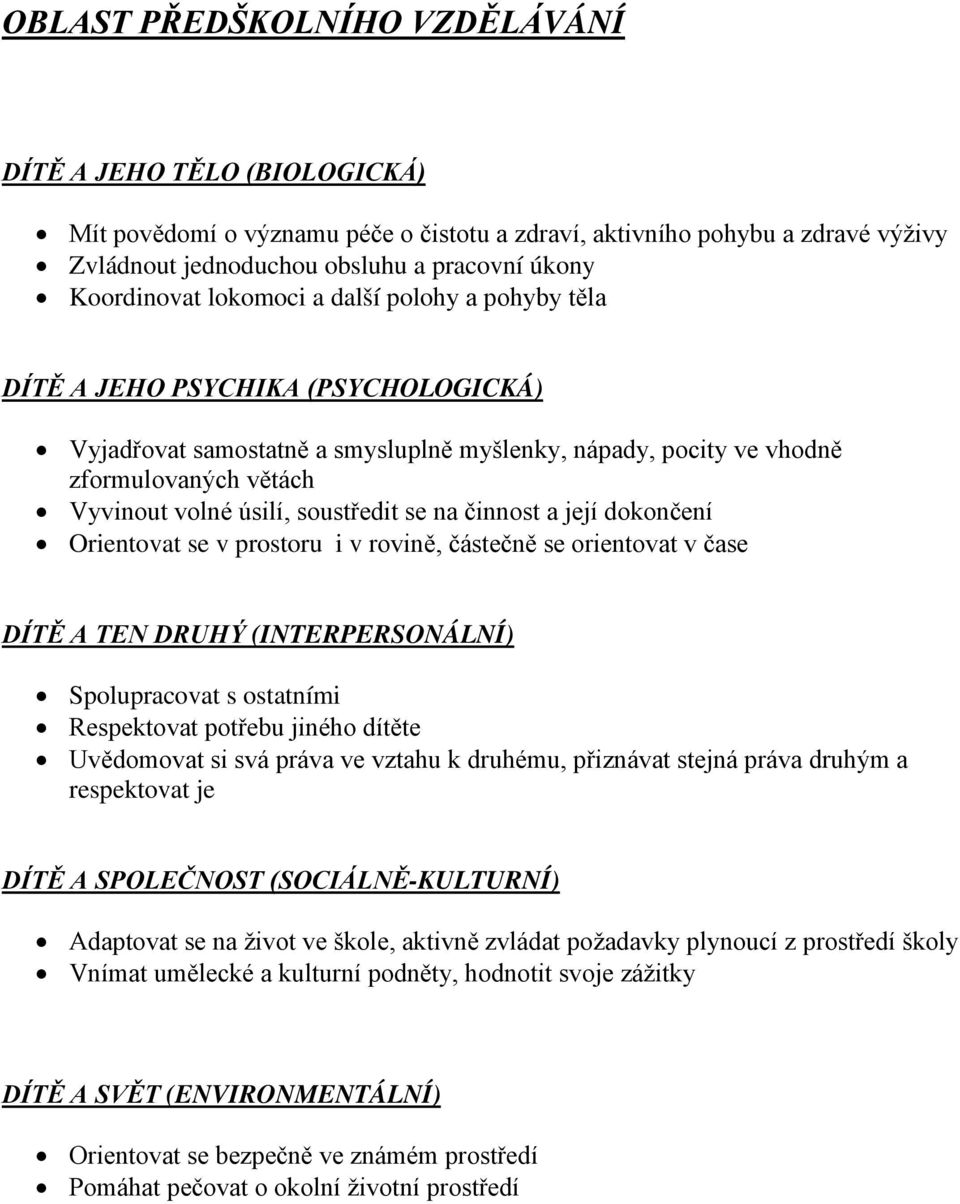 úsilí, soustředit se na činnost a její dokončení Orientovat se v prostoru i v rovině, částečně se orientovat v čase DÍTĚ A TEN DRUHÝ (INTERPERSONÁLNÍ) Spolupracovat s ostatními Respektovat potřebu